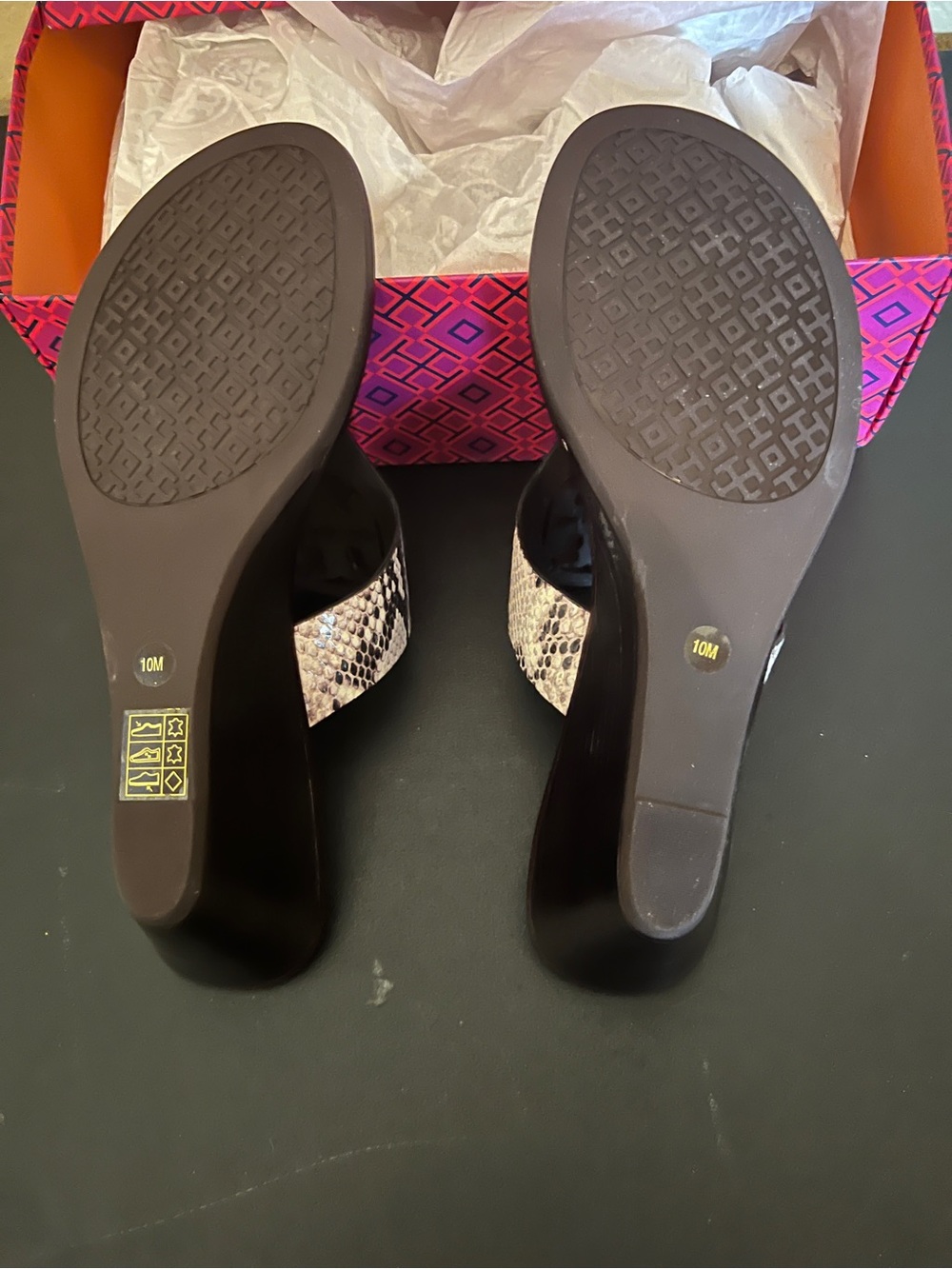 Tory Burch Black Wedge Slides with Snake-Print Strap